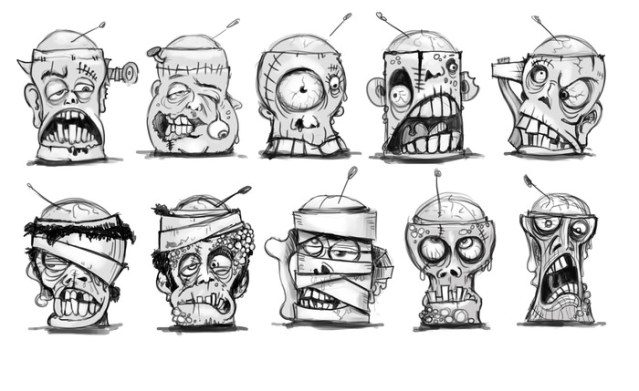 The original sketches for the zombied ice cream cups were eventually narrowed to four designs.